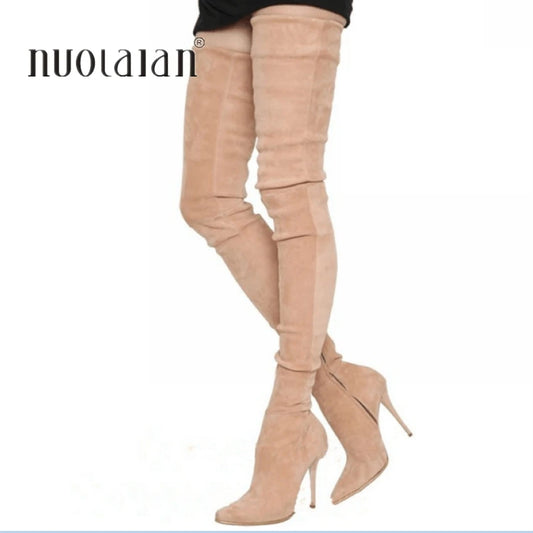 2022 Brand Stretch Suede Leather Thigh High Heels boots Women Winter Boots Stiletto Heels Sexy Over the Knee Boots Female Shoes