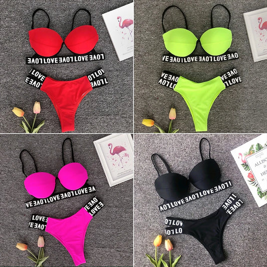 2021 Sexy Sports Swimwear Neon Bikini Women Push Up Bikini Set Bandage Bathing Suit Beach Wear Bathers Letter Bathing Suit
