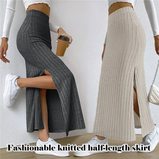 2023 Fashion Sweater Knitted Half Length Skirt Autumn Winter Women High Waist Sexy Slim Side Slit Skirt Elegant Warm Long Skirts