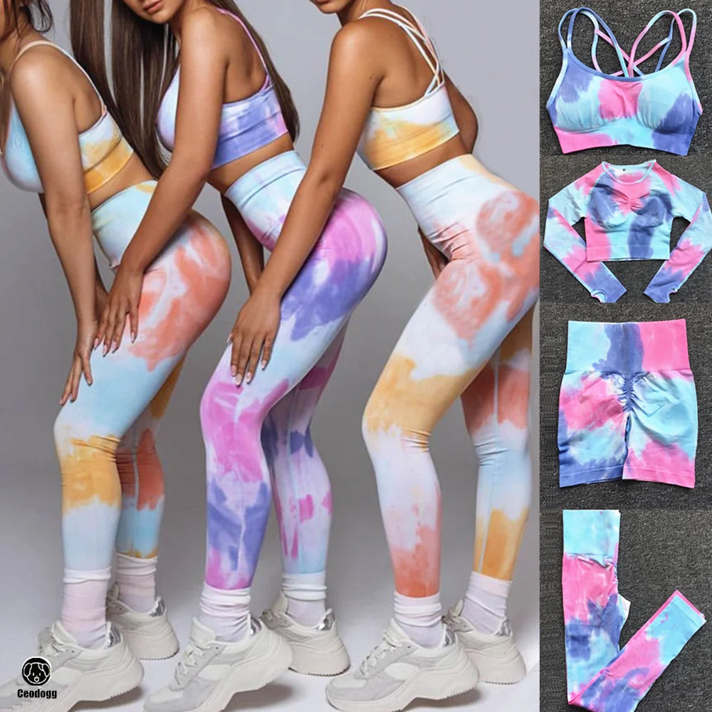 1/2/3Pcs Women Dye Sportswear Yoga Set Workout Leggings Push Up Pant Gym Shorts Seamless Fitness Sports Bra Tracksuit Yoga Suit